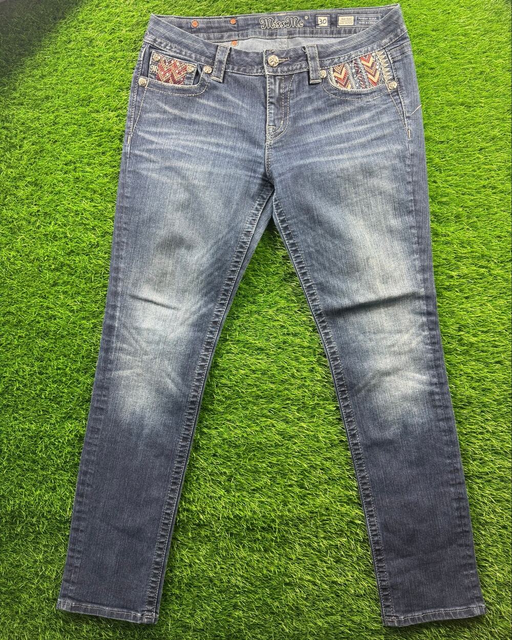 Miss Me Easy Skinny Jeans Womens 30 Blue Embroidered Aztec Rhinestone Stretch